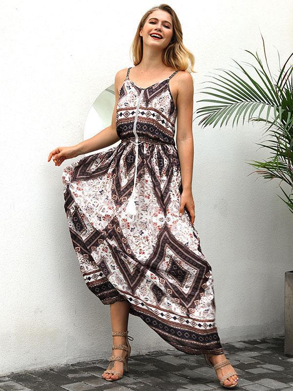 Print Spaghetti Strap Vintage Boho Maxi Dress