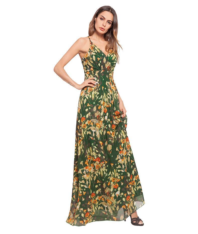 2018 Summer Spaghetti Strap Print Backless Maxi Dress