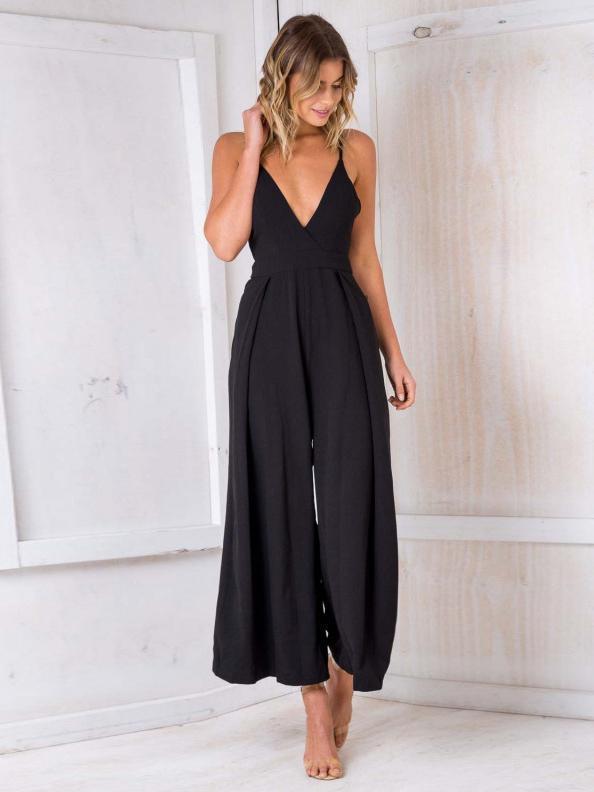 2018 Sexy Spaghetti Strap Solid Color Wide Leg Pants Jumpsuit Rompers