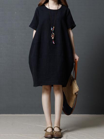 Pure Color Short Sleeve Loose Pockets Midi Dress