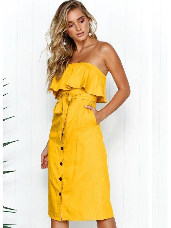 Off Shoulder Button Solid Color Summer Midi Dress