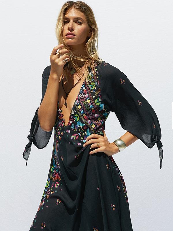 Print Deep V Neck Bohemia Beach Maxi Dress