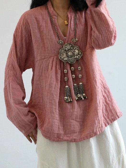 Solid Color Long Sleeve Linen Cotton Loose Tops Blouse