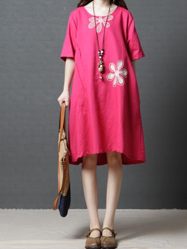 Linen Cotton Short Sleeve Loose Pockets Dress