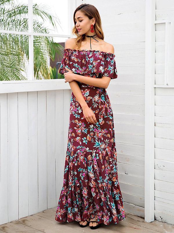 Floral Print Off Shoulder Beach Maxi Dress