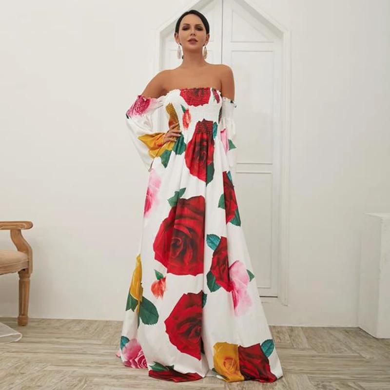 White Rose Floral Strapless Off Shoulder Sleeve Big Hem Long Dress