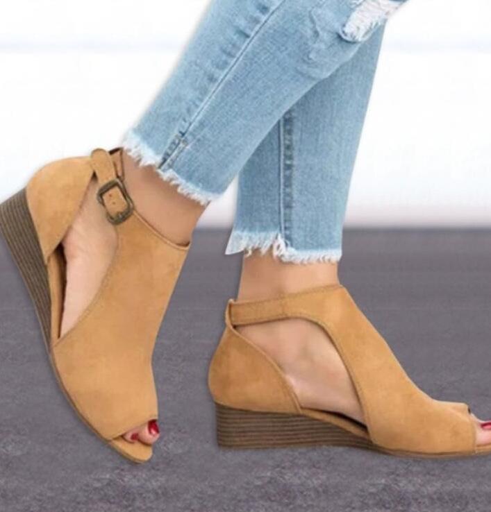 Wedge Buckles Mid Heel Peep Toe Sandal Shoes