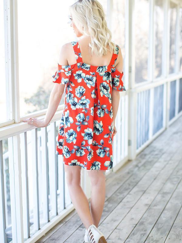 Popular Floral-Print Stripes Off-Shoulder Short Sleeve V Neck Mini Dress