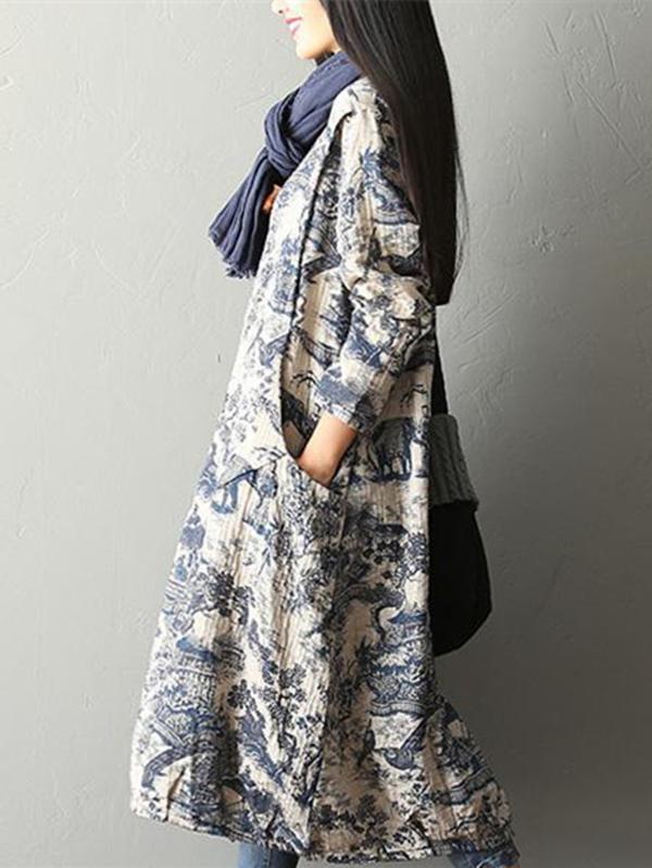 Print Loose Casual Pocket Linen Cotton Dress