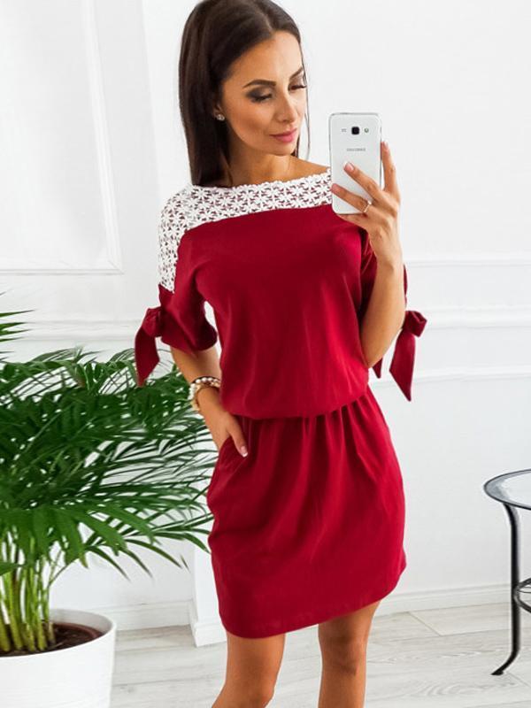 Lace Solid Color Pocket Midi Dress