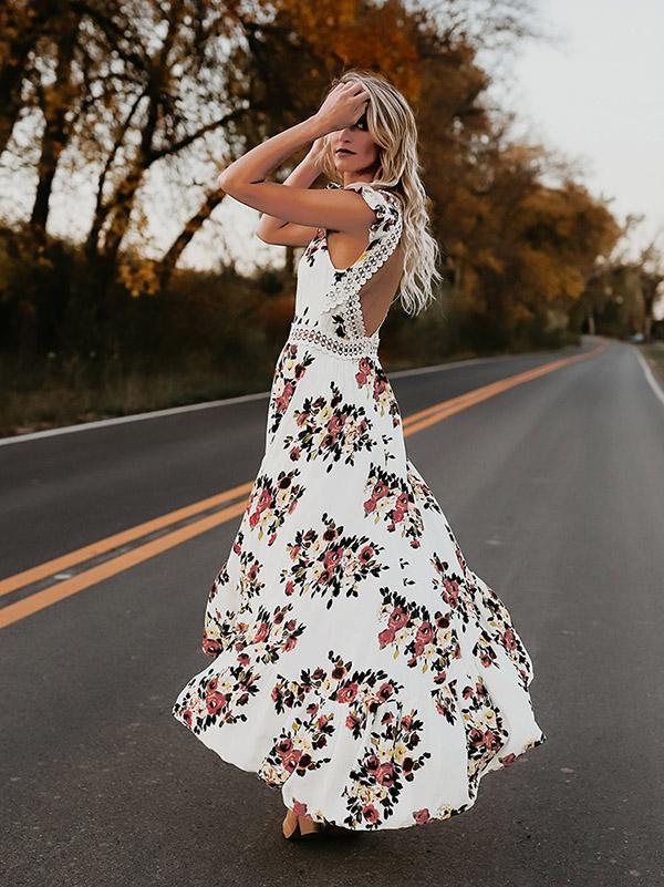 Floral Print V Neck Sleeveless High Waist Irregular Maxi Dress