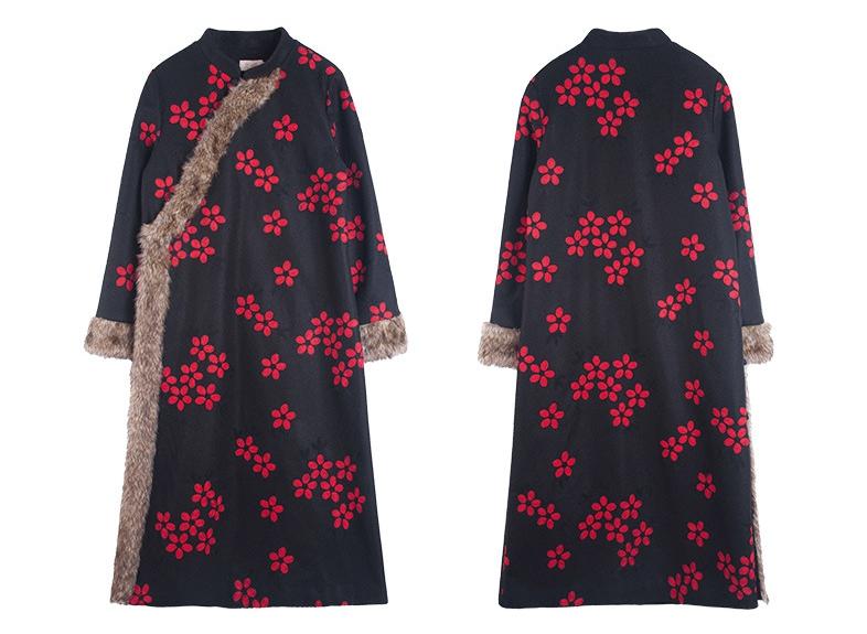 Chinese National Style Vintage Floral Long Woolen Outwear Coat