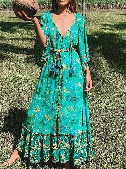 Boho Forest Print Fluted Sleeves Frill Summer Dress V-neck Tied Beach Dress for Women Chic Gypsy Boho Dress