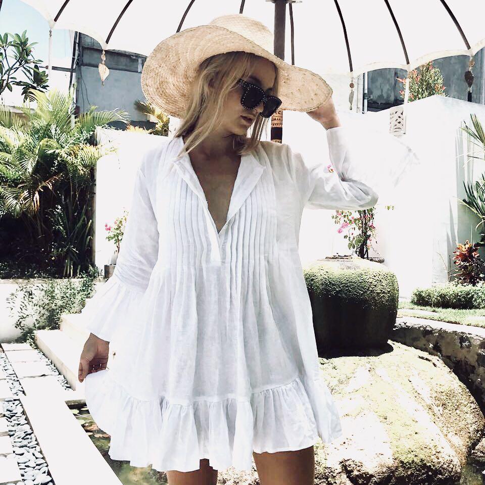 Autumn Bohemian Flare Sleeve Ruffles White Beach Dress