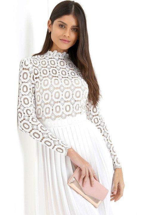 White Lace Splice Long Sleeve Maxi Dress