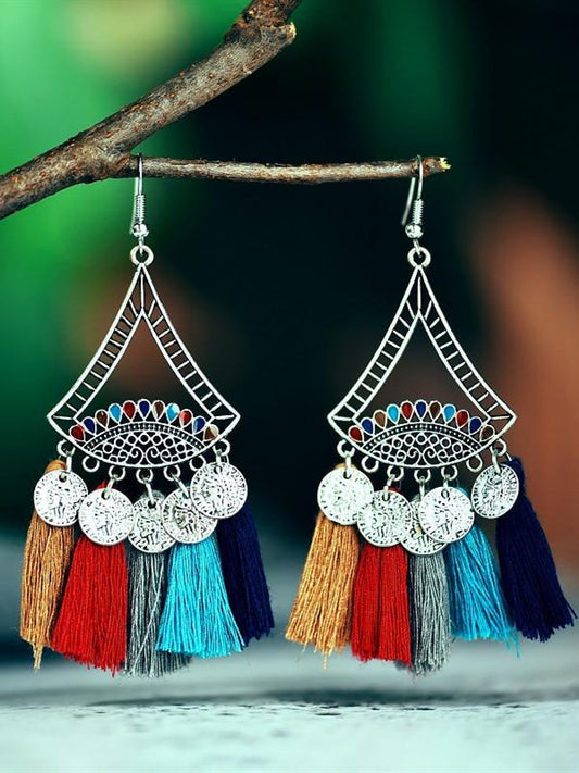 Coin Sector Color Matching Tassel Personality Ethnic Earrings