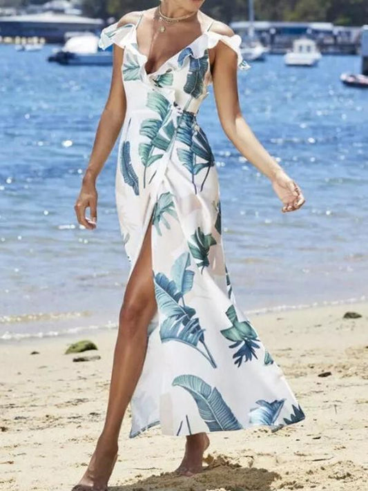 Floral Spaghetti Strap Side Slit Beach Dress