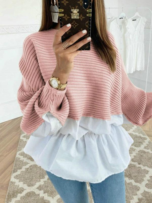 Colorblock Insert Ruffles Ribbed Batwing Sleeve Blouses Women Autumn Long Sleeve Casual Blouse Tops Streetwear