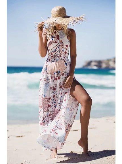 Seaside Vacation Retro Beach Big Swing Halterneck Split Dress