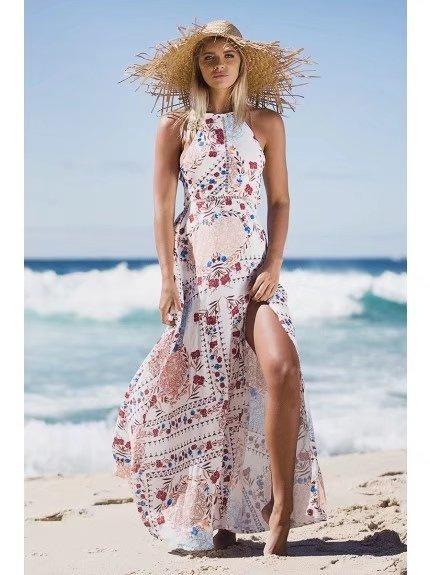 Seaside Vacation Retro Beach Big Swing Halterneck Split Dress