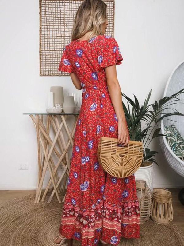 Boho Lace-up V-neck Printed Maxi Dresses