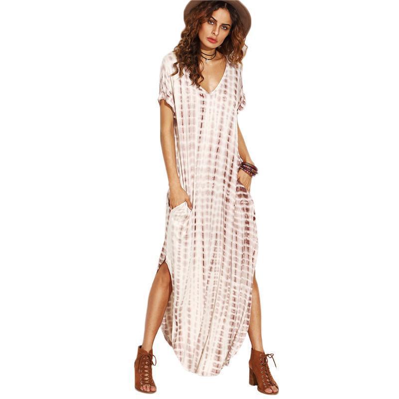 Summer Printed V-Neck Short Sleeve Beach Long Dress