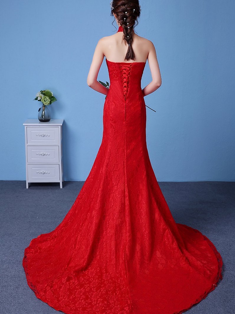 Bride Lace shoulders waist fishtail big red wedding dress