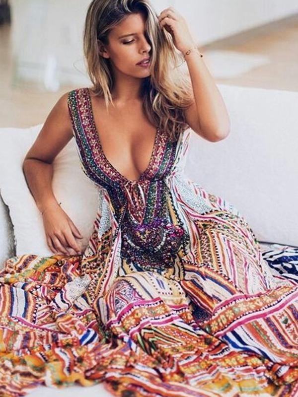 Bohemia Print V-neck Straps Maxi Dress