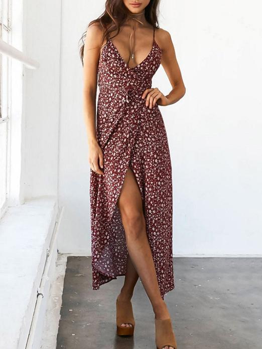 Pretty Floral Print Spaghetti-neck V-neck Maxi Dress