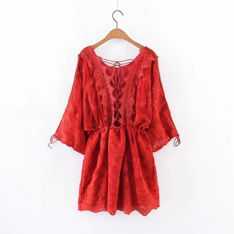 New Summer Hollow Back Cross Batwing Sleeve Mini Dress