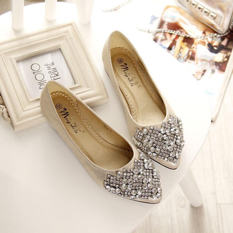 Big Size Rhinestone Crystal Pointed Toe Flat Office Lady Shoes