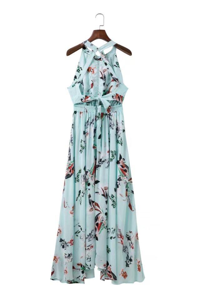 Floral Side Slit Hanging Neck Drop Shoulder Dress