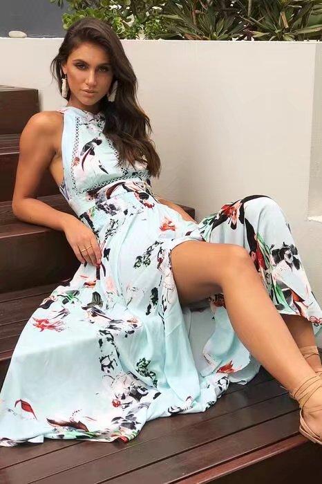 Floral Side Slit Hanging Neck Drop Shoulder Dress