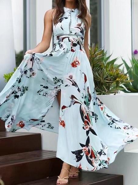 Floral Side Slit Hanging Neck Drop Shoulder Dress