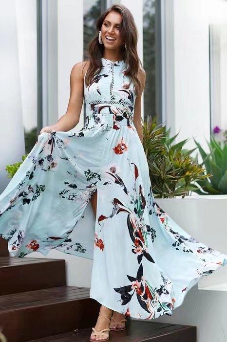 Floral Side Slit Hanging Neck Drop Shoulder Dress