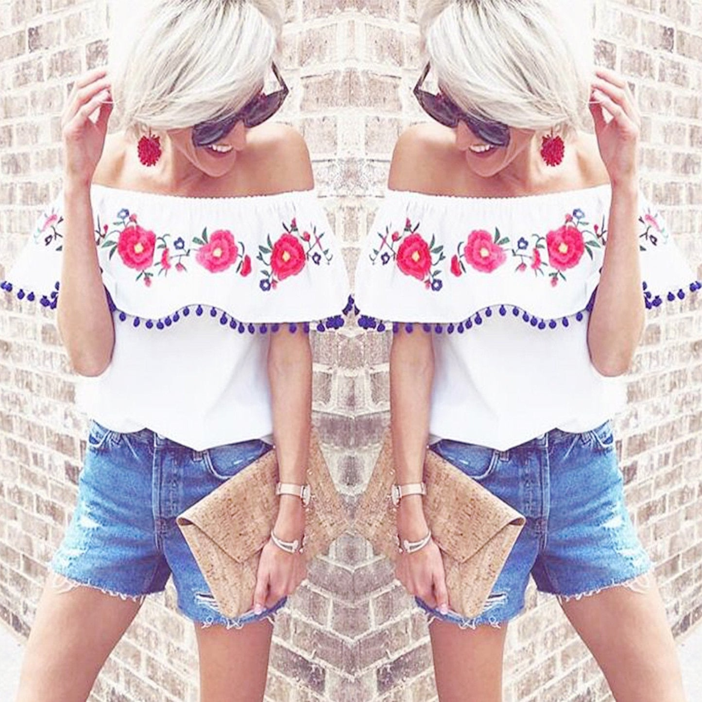 Pompom Off The Shoulder Ruffles Short Sleeve Loose Blouse Tops