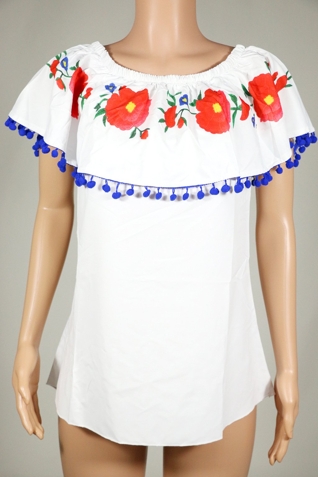 Pompom Off The Shoulder Ruffles Short Sleeve Loose Blouse Tops