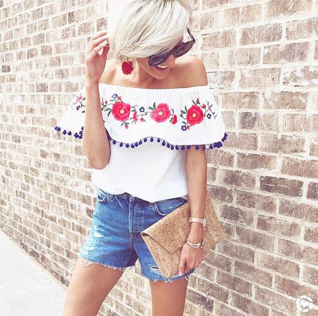 Pompom Off The Shoulder Ruffles Short Sleeve Loose Blouse Tops