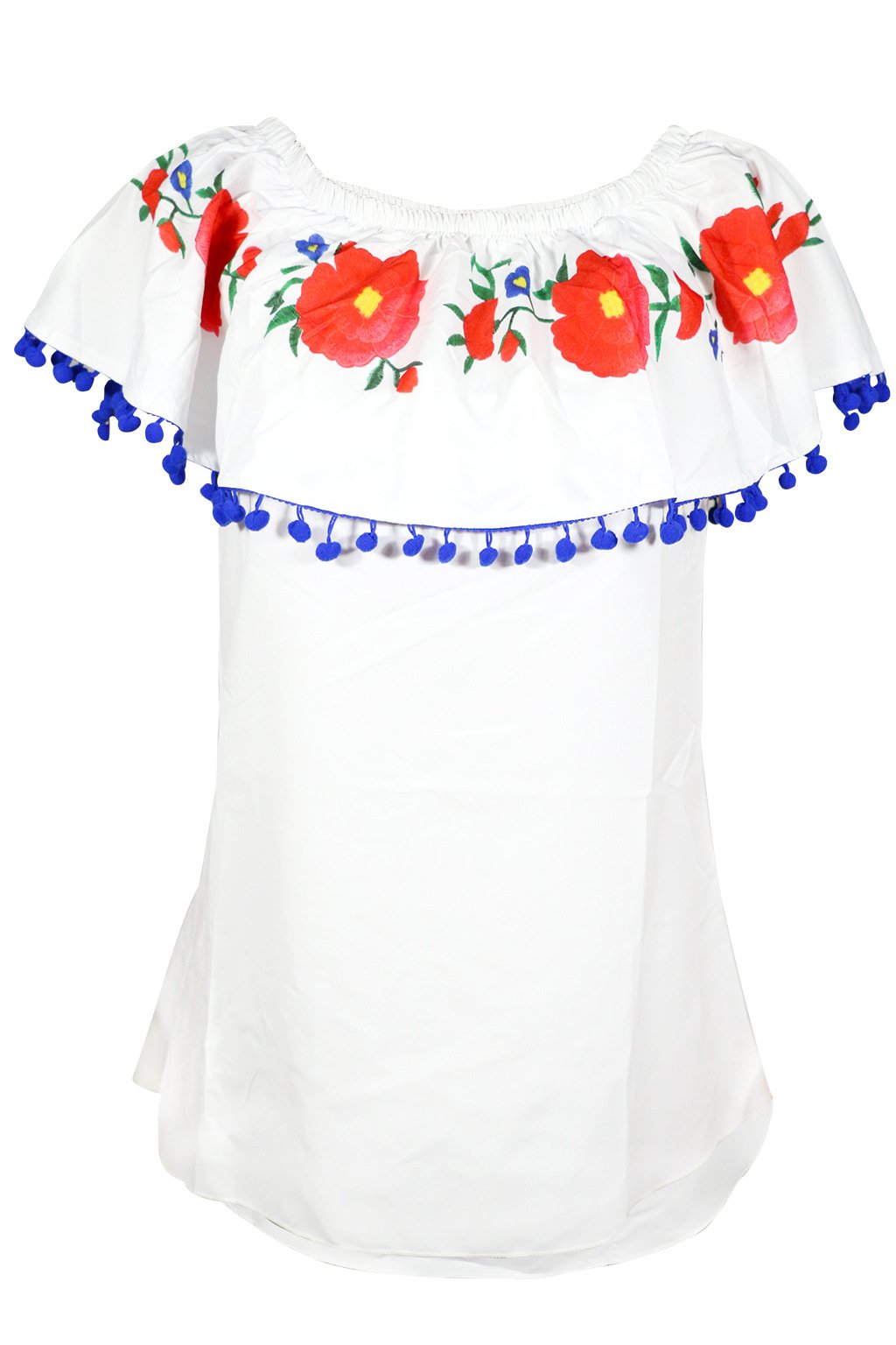 Pompom Off The Shoulder Ruffles Short Sleeve Loose Blouse Tops