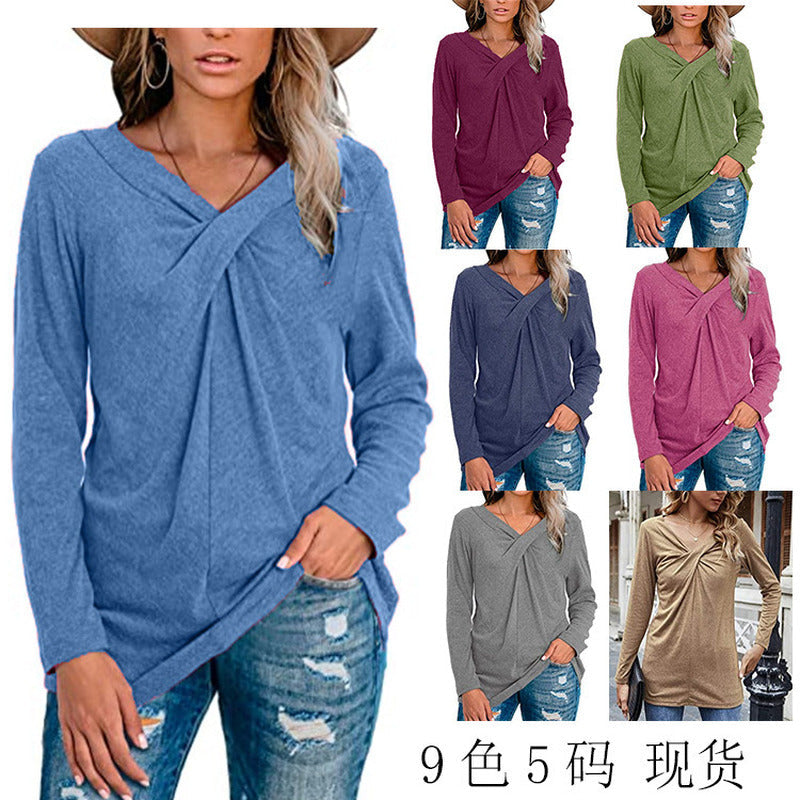 Solid Color V-neck Twisted Long-sleeved T-shirt Spot