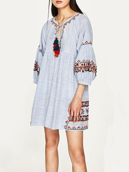 Embroidered Puff Sleeves Mini Dress