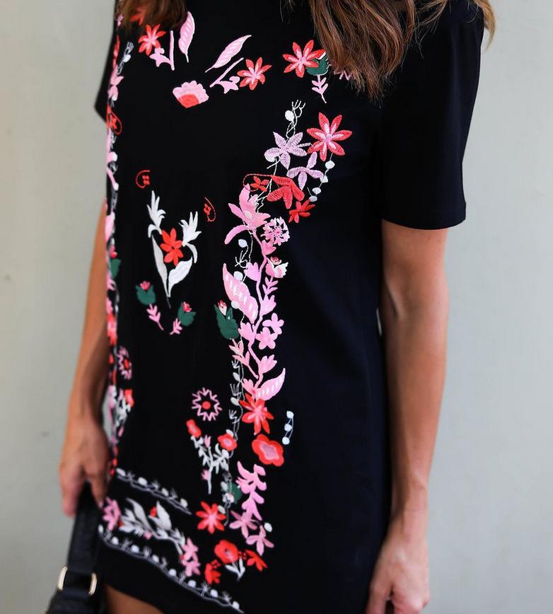 Women Floral Short Sleeve Boho Black Mini Dress