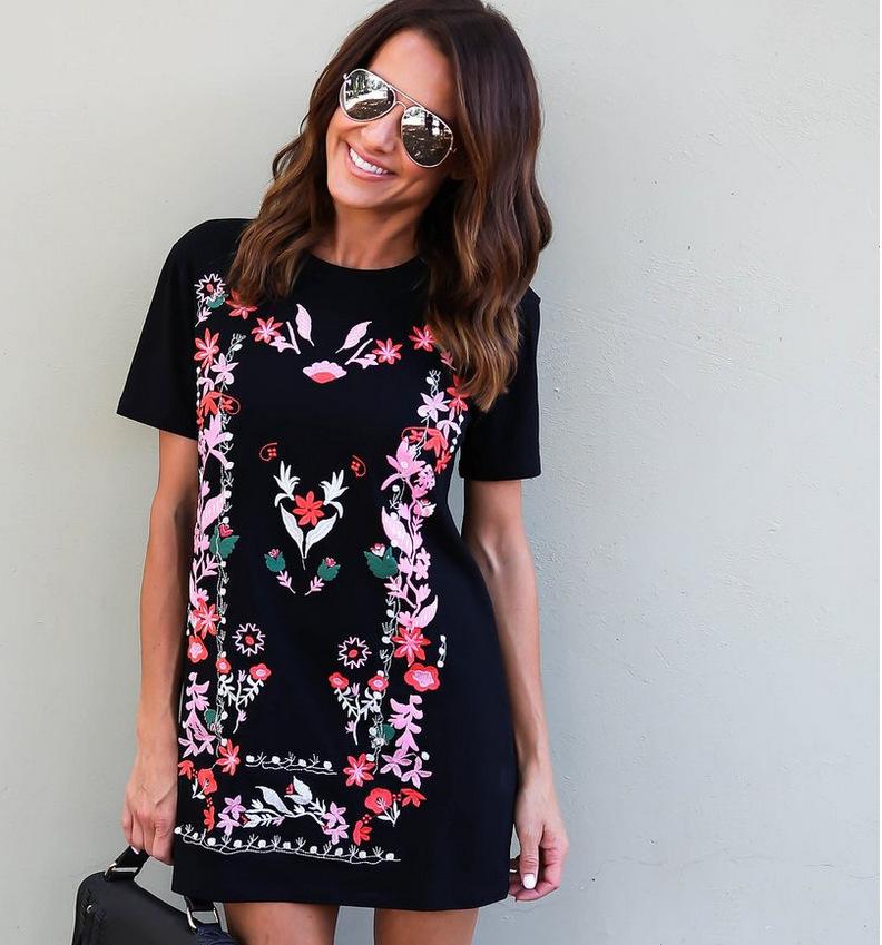 Women Floral Short Sleeve Boho Black Mini Dress