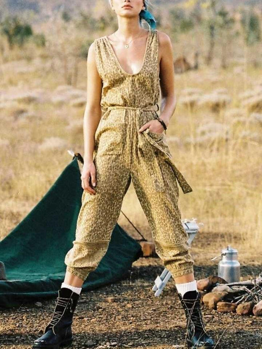 Boho Mustard Color Leopard Print Loose Deep Round Neck Tie Holiday Jumpsuit