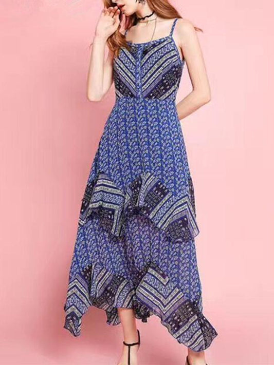 Asymmetric Chiffon Falaba Spaghetti-neck Maxi Dress