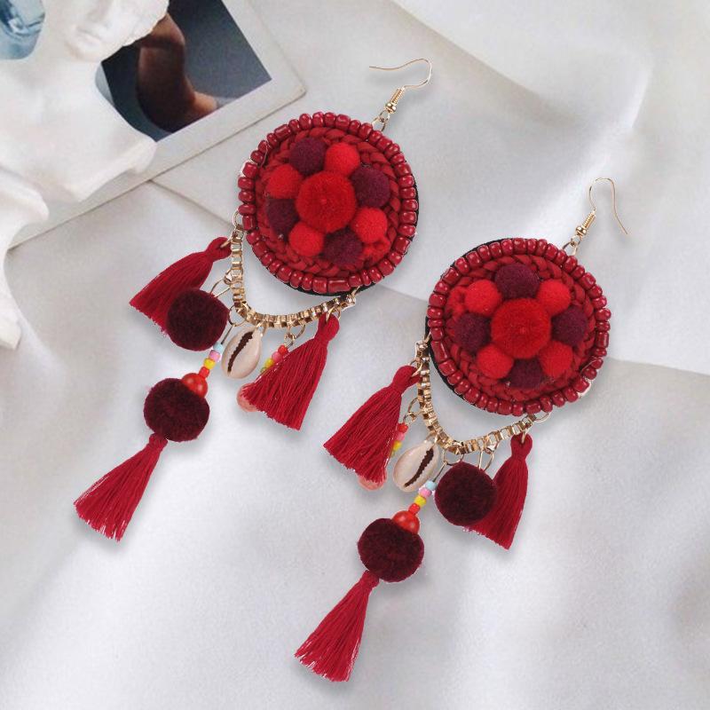 Ethnic Bohemia Dangle Pompom Shell Beads Silk Long Tassel Earrings