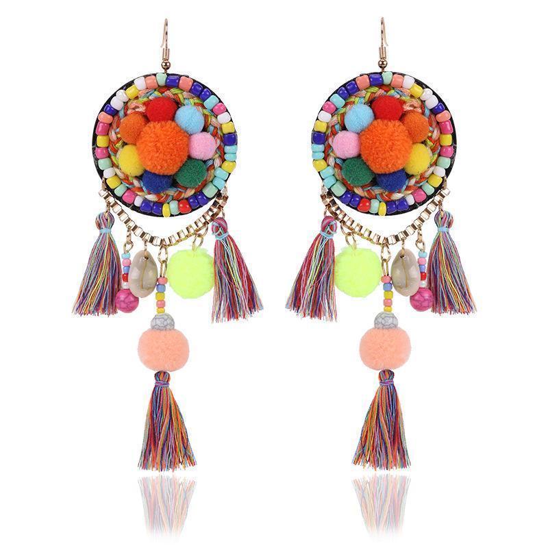 Ethnic Bohemia Dangle Pompom Shell Beads Silk Long Tassel Earrings