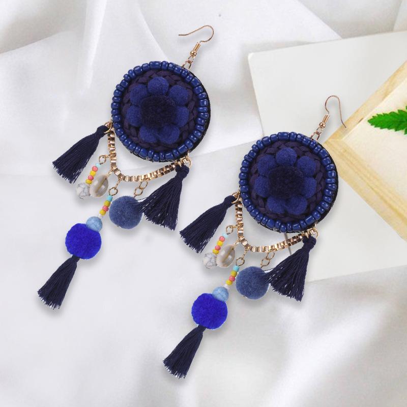 Ethnic Bohemia Dangle Pompom Shell Beads Silk Long Tassel Earrings