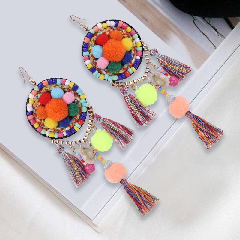 Ethnic Bohemia Dangle Pompom Shell Beads Silk Long Tassel Earrings