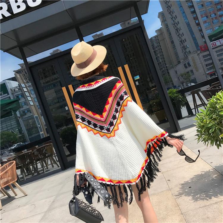 Folk Style Tassel Knit Shawl Cloak Sweater